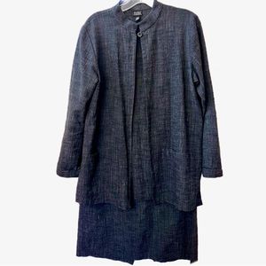 EILEEN FISHER Two Piece Skirt Suit Grey Midi Length Open Jacket w One Button S